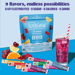 Glass of water with Ultima powder dissolving, showcasing six electrolytes.