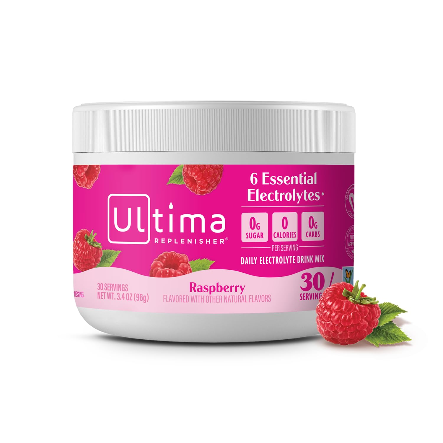 Ultima Replenisher raspberry electrolyte powder canister on shelf for everyday hydration