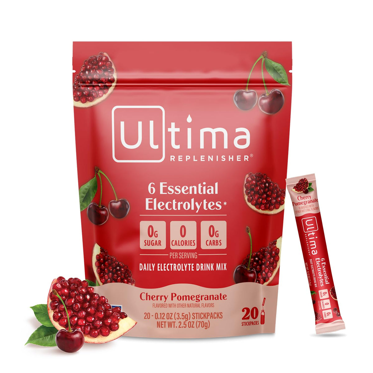 Ultima Replenisher daily electrolyte powder stickpack dissolving in water for on-the-go hydration.
