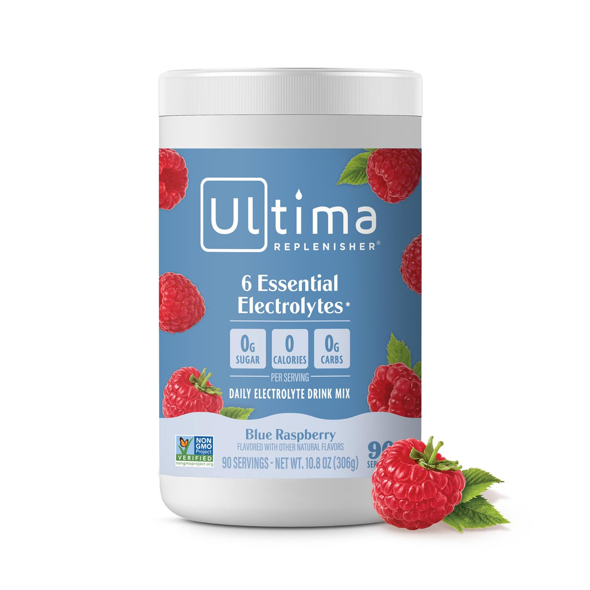 Ultima Replenisher daily electrolyte powder tub with six electrolytes and zero sugar.