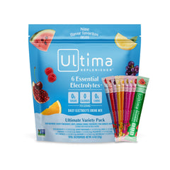 Ultima Replenisher daily electrolyte powder variety pack box front for sugar-free hydration.