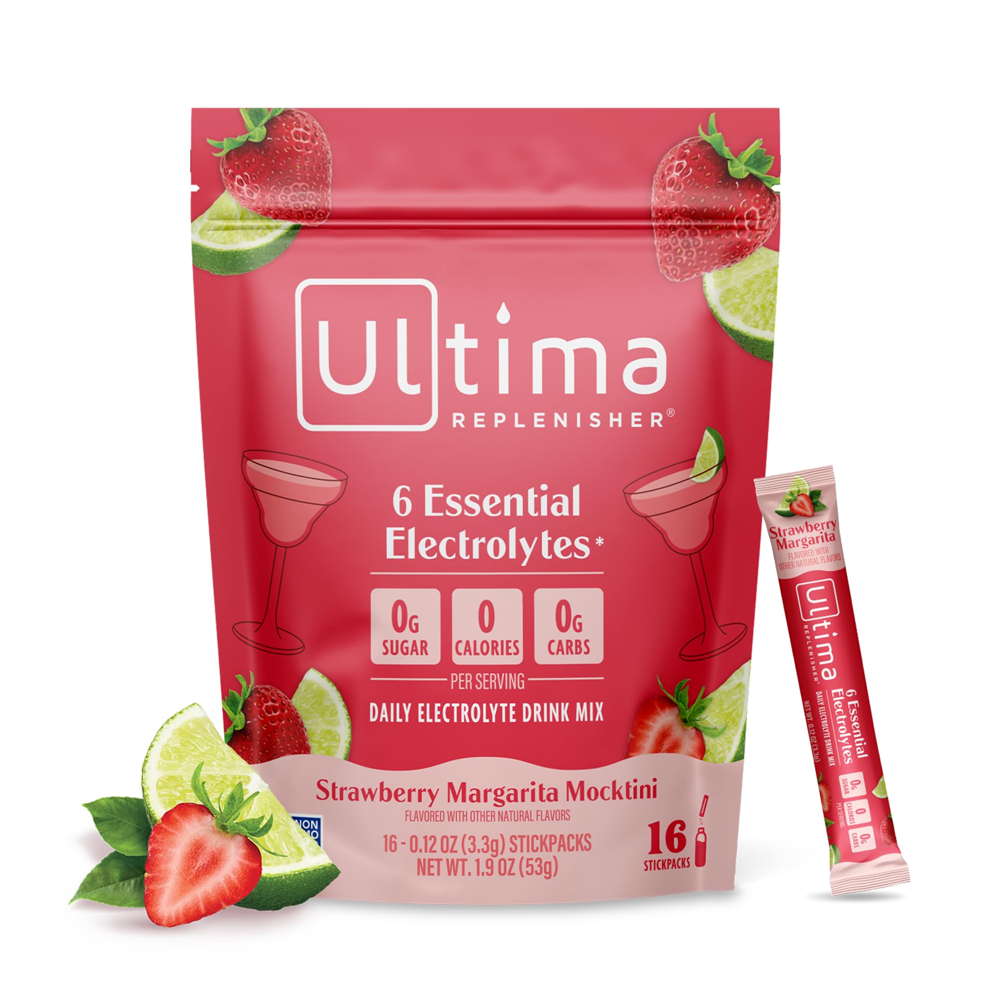 Ultima Replenisher daily electrolyte stickpack front for on-the-go hydration.