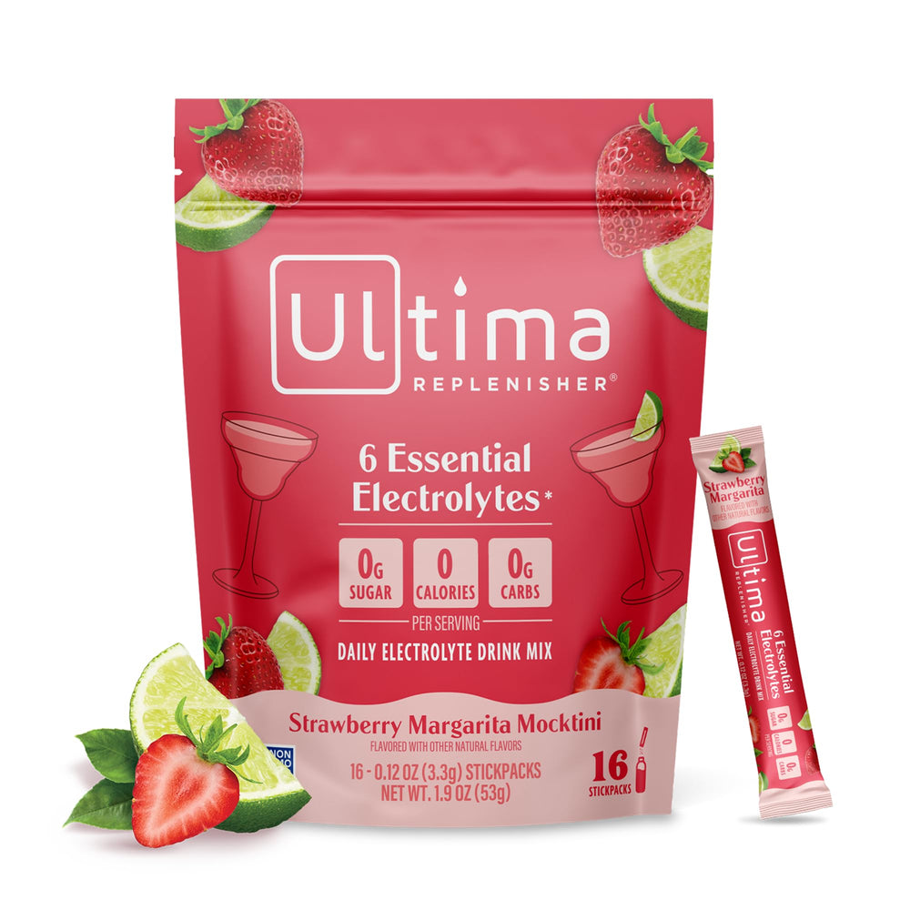Ultima Replenisher daily electrolyte stickpack front for on-the-go hydration.