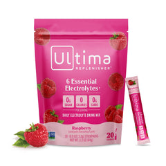 Ultima Replenisher daily electrolyte stickpack in raspberry flavor for on-the-go hydration.