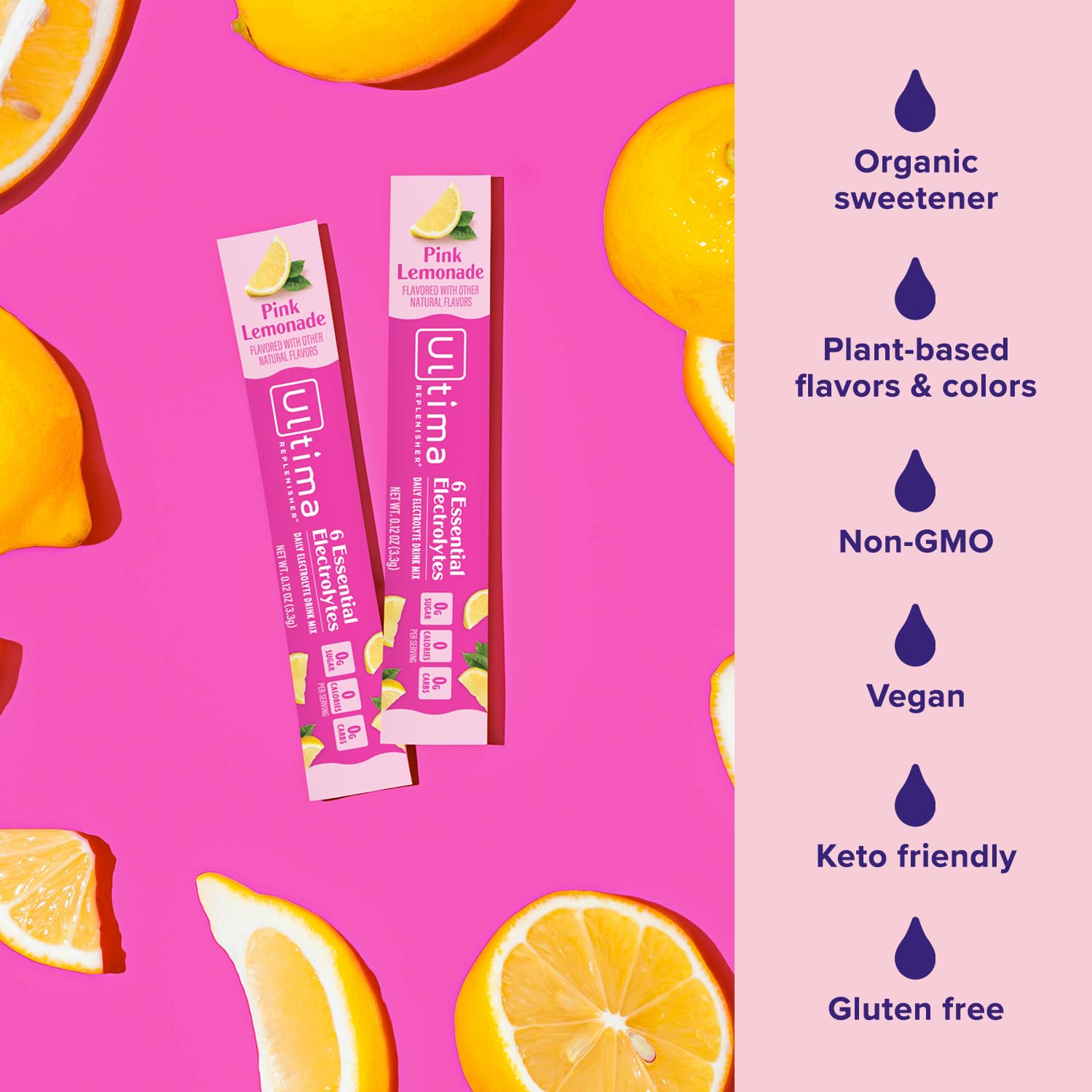 Ultima Replenisher vegan icons on-pack emphasize clean, plant-based hydration.