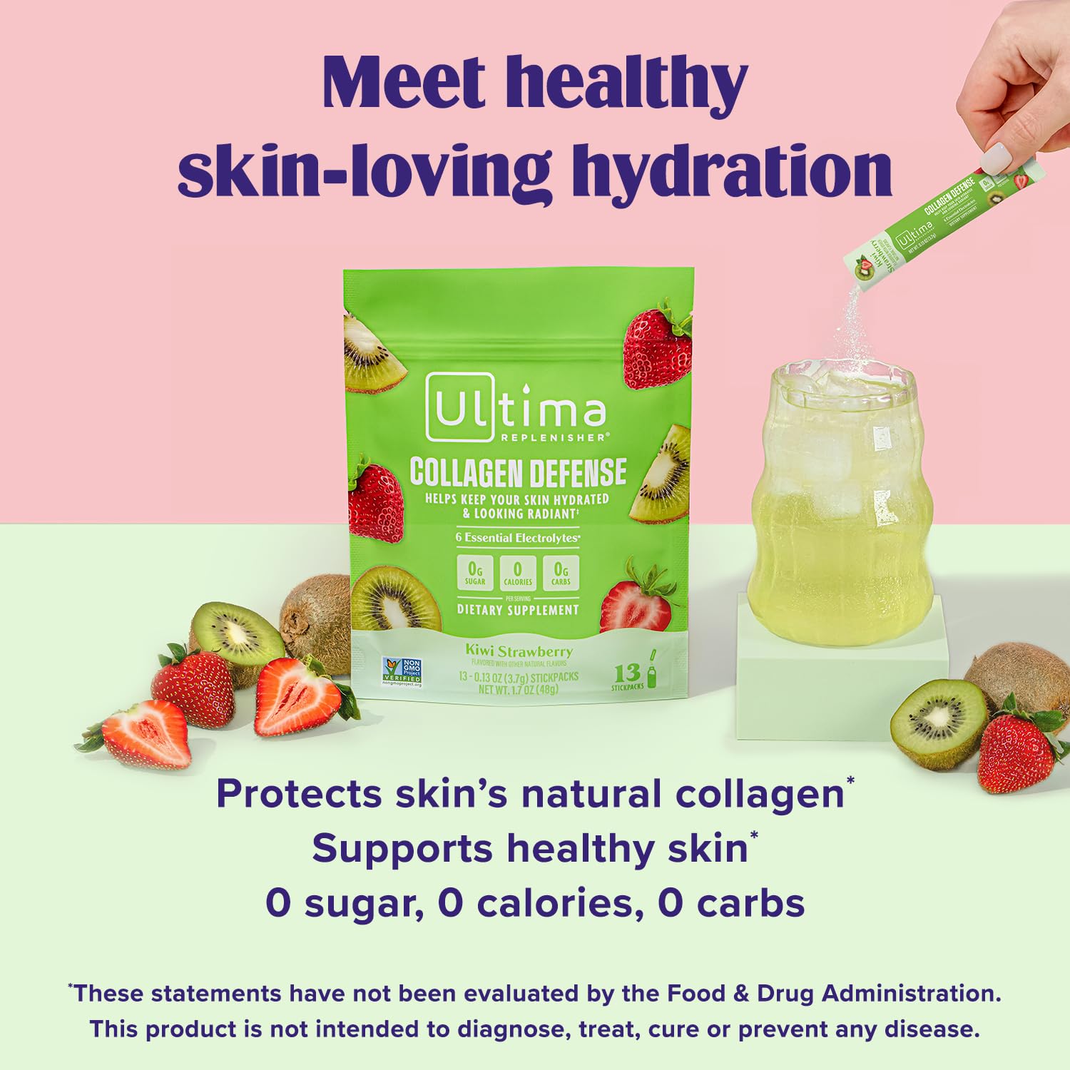 Ultima Replenisher packaging highlights Dermaval for collagen-supportive formula.