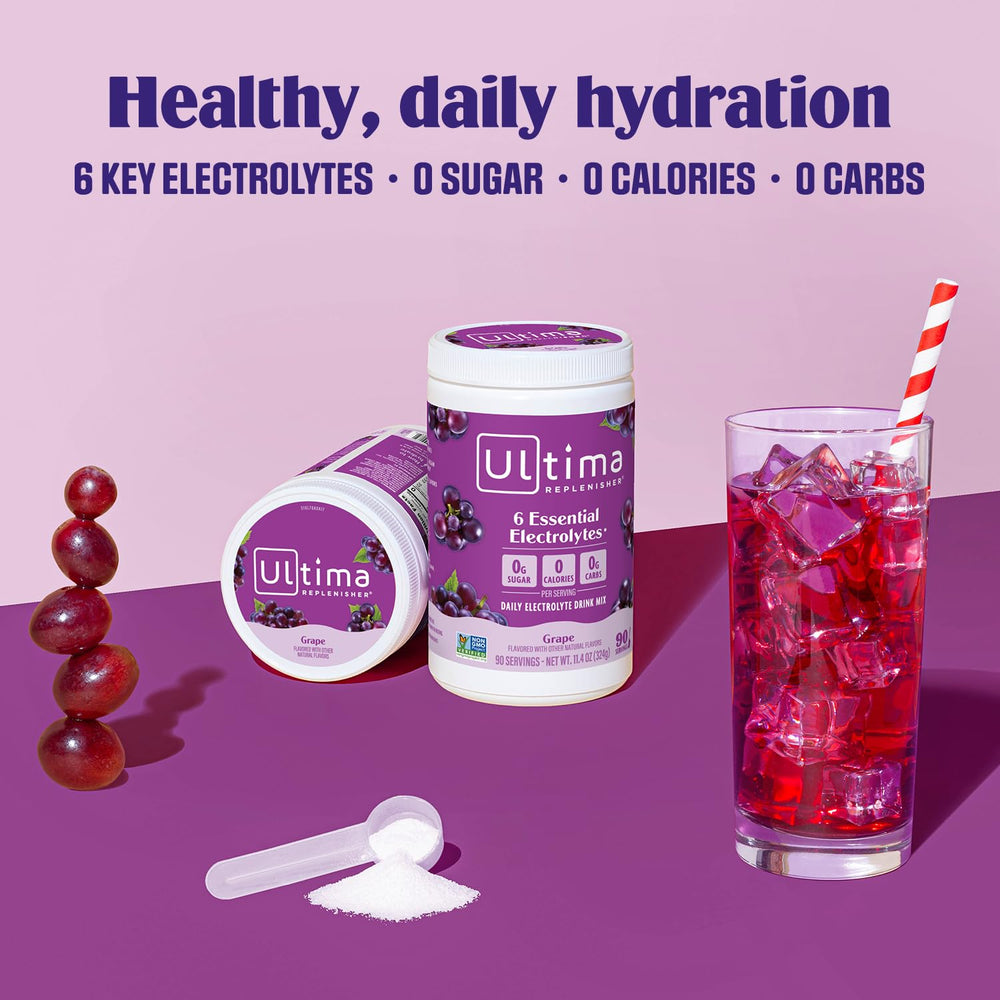 Ultima Replenisher label shows six key electrolytes and vitamins.