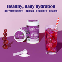 Ultima Replenisher label shows six key electrolytes and vitamins.