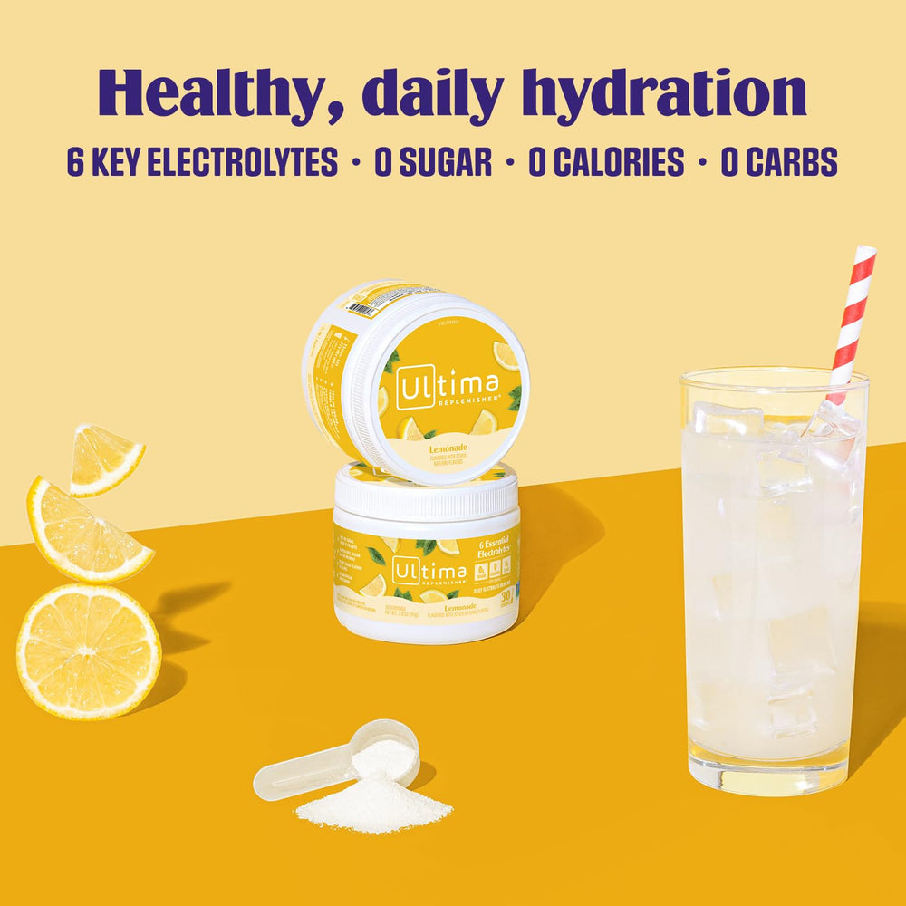 Ultima Replenisher glass of lemonade showcases refreshing, sugar-free hydration