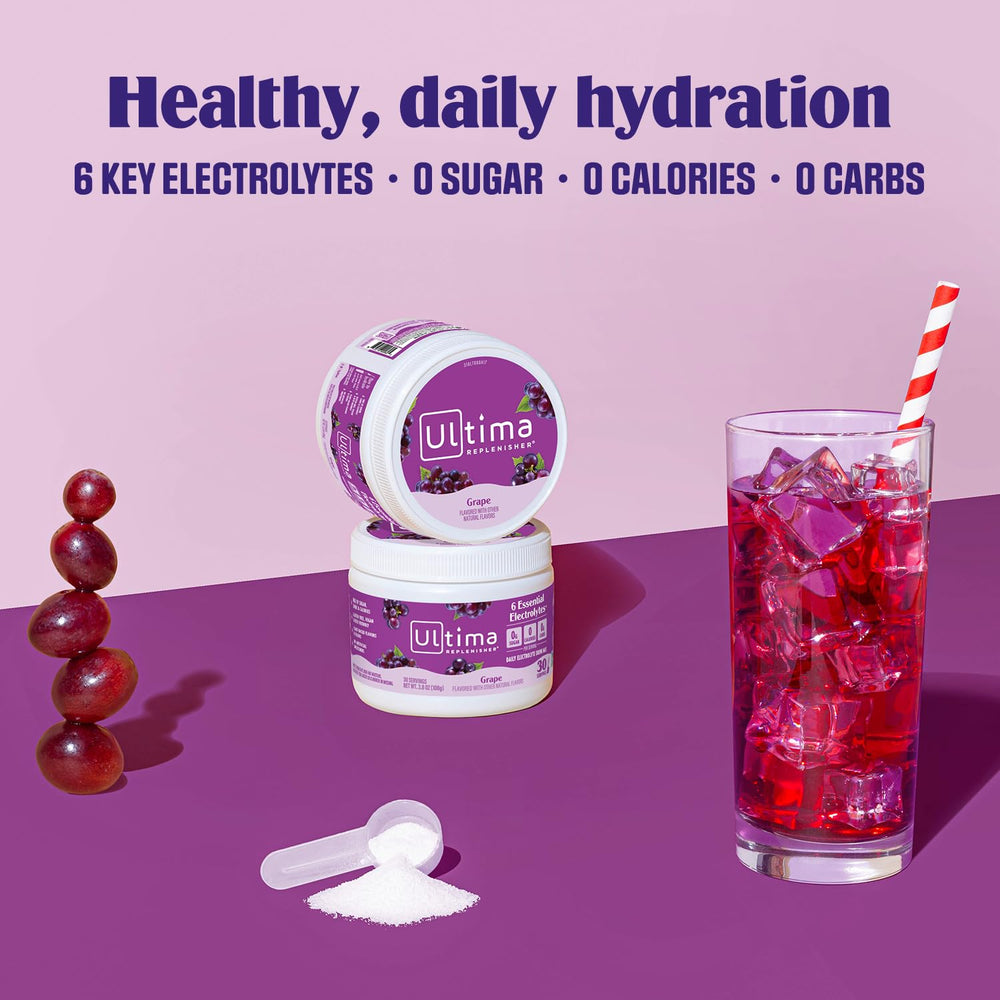Glass with ice and Ultima Replenisher for cold hydration.