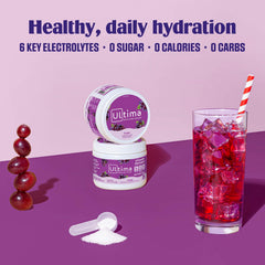 Glass with ice and Ultima Replenisher for cold hydration.