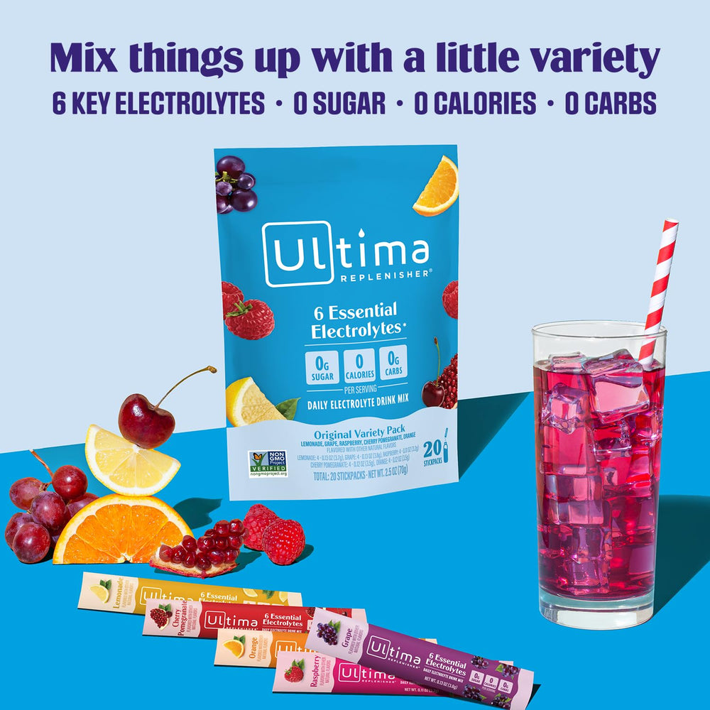 Ultima Replenisher Grape stickpack provides sugar-free hydration during workouts.