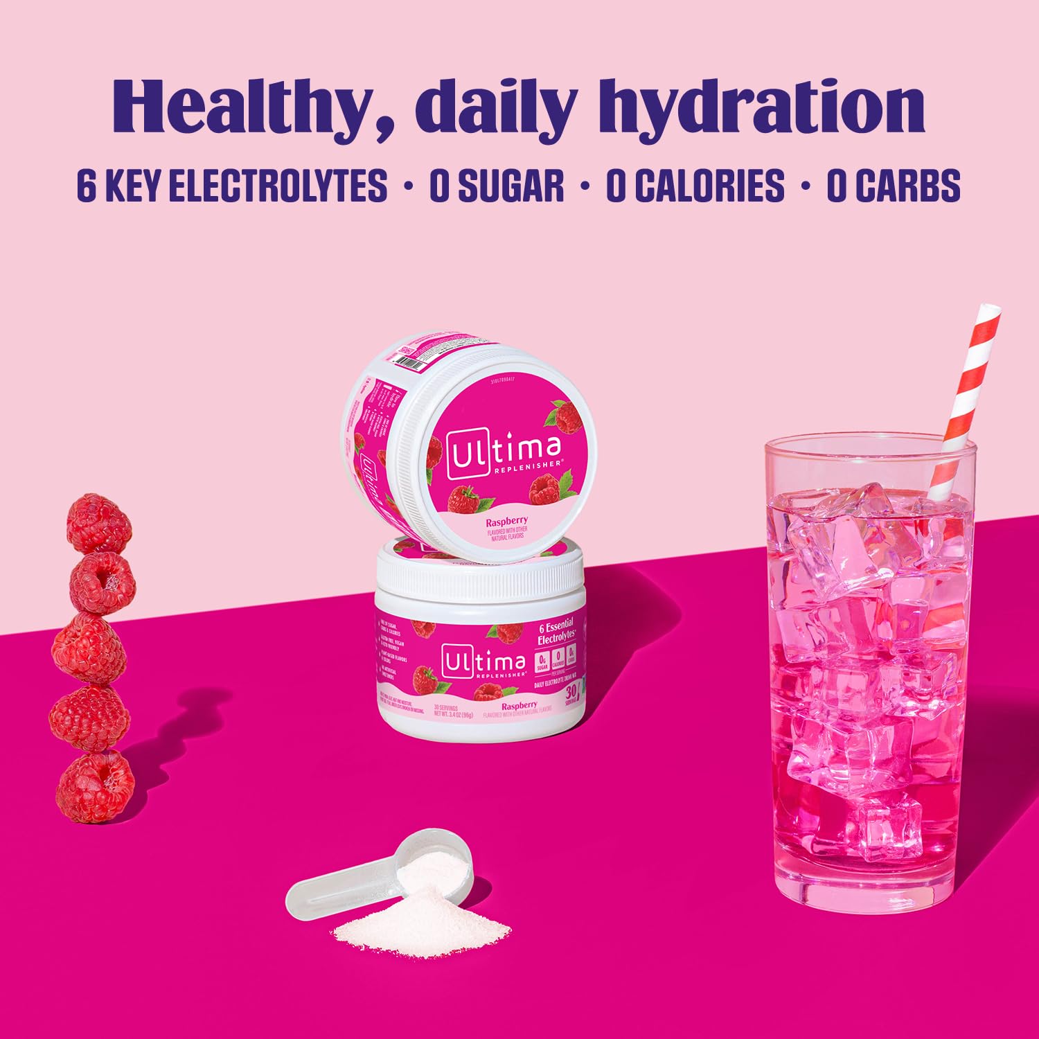 Ultima Replenisher ingredients close-up highlights six electrolytes and vitamin C