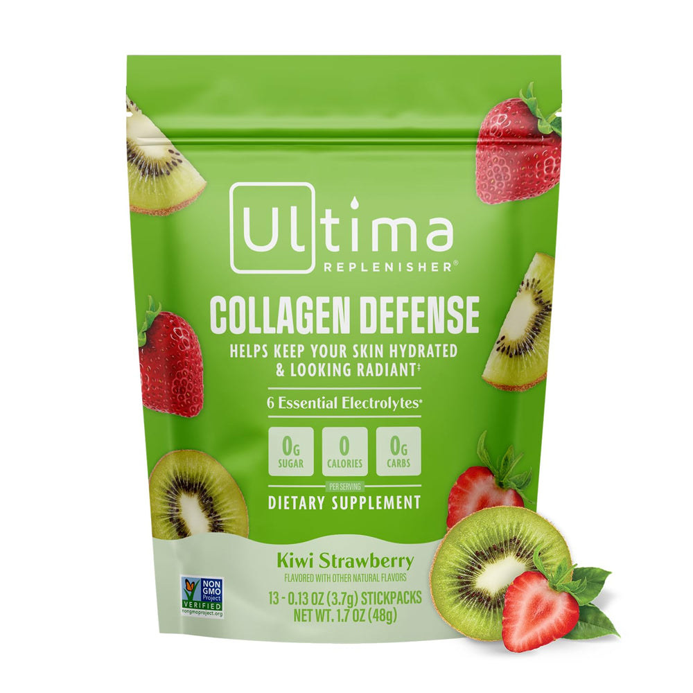 Ultima Replenisher Kiwi Strawberry stickpack dissolving in water for refreshing hydration.