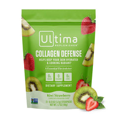 Ultima Replenisher Kiwi Strawberry stickpack dissolving in water for refreshing hydration.