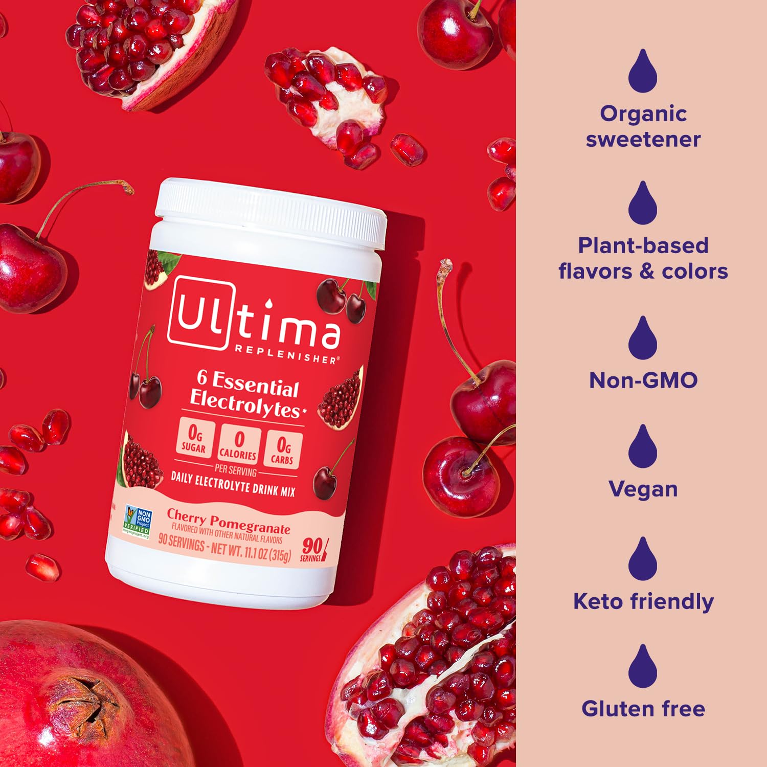 Ultima Replenisher label close-up highlighting vegan, keto-friendly, Non-GMO attributes.