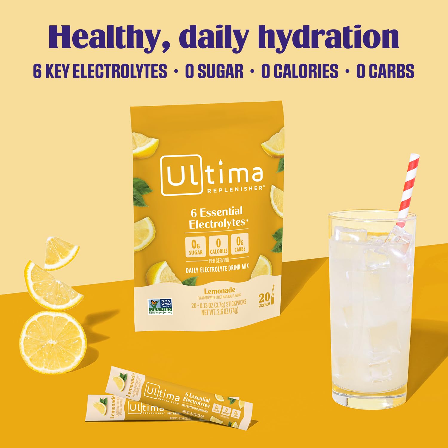 Ultima Replenisher lemonade glass with ice highlighting refreshing, sugar-free hydration