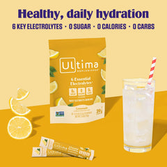 Ultima Replenisher lemonade glass with ice highlighting refreshing, sugar-free hydration