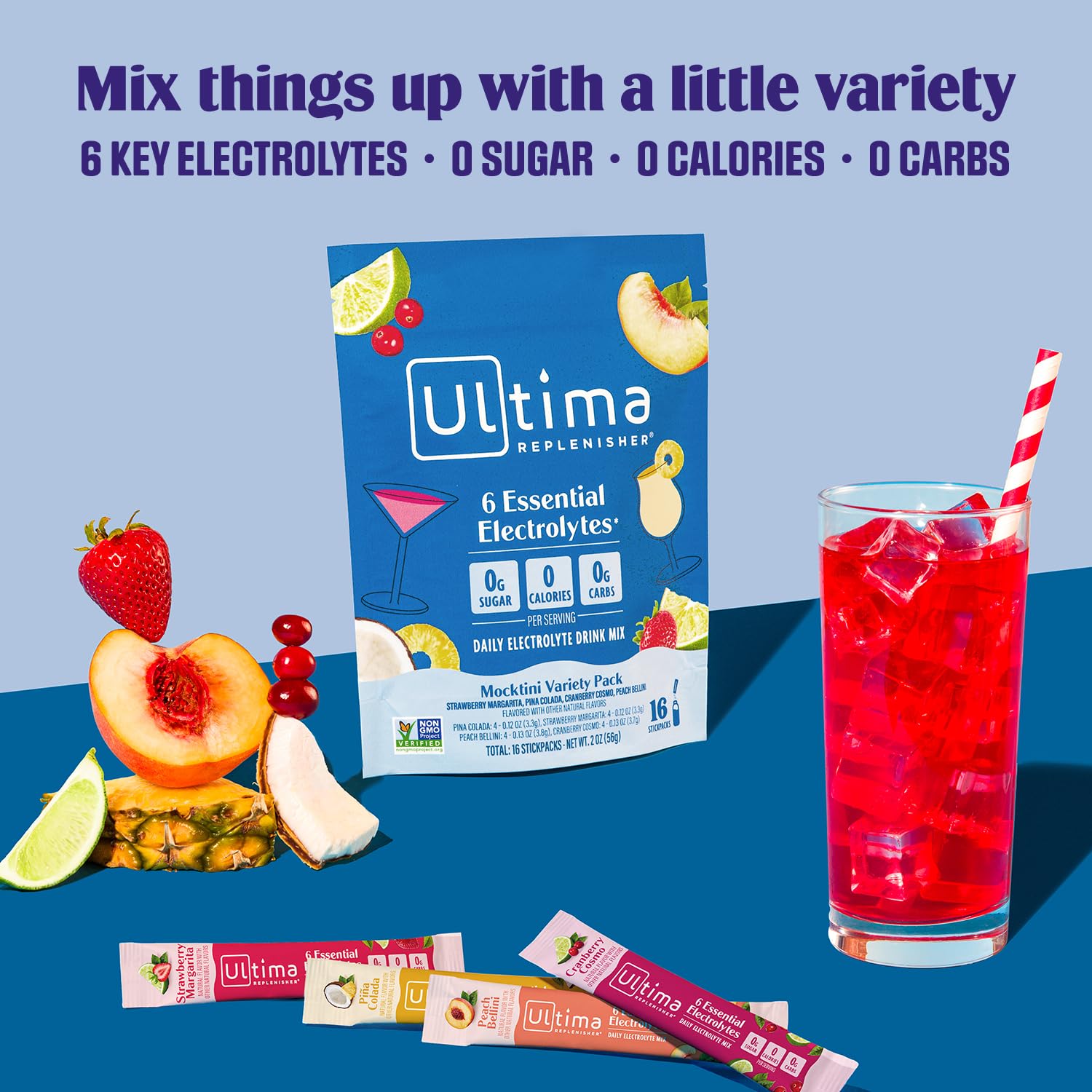 Ultima Replenisher Mocktini Peach Bellini stickpack with fruity electrolyte balance.