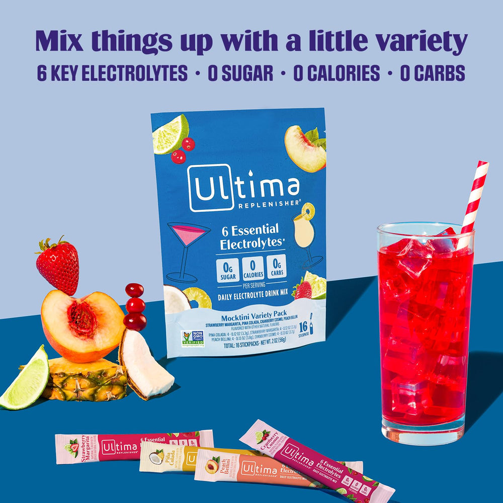 Ultima Replenisher Mocktini Peach Bellini stickpack with fruity electrolyte balance.