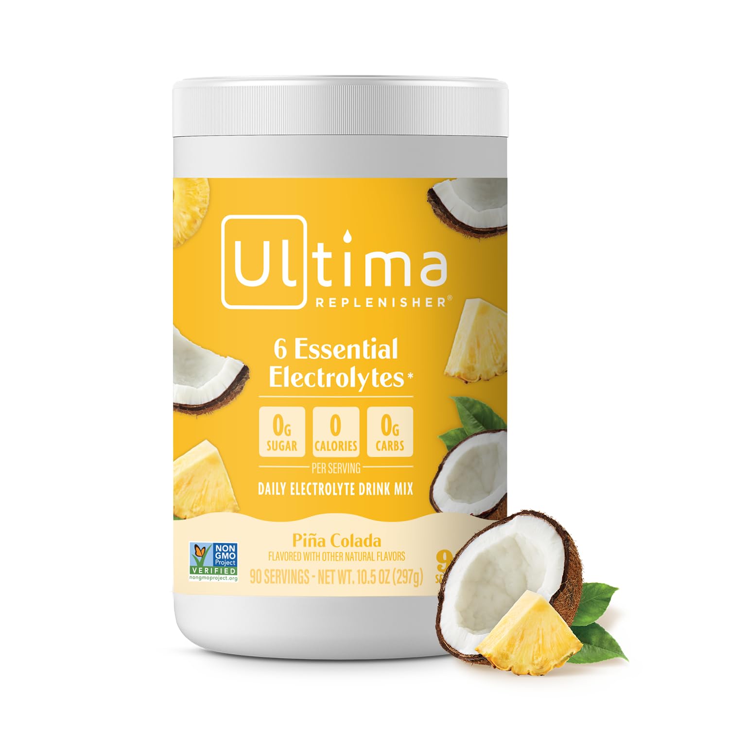 Ultima Replenisher Mocktini Piña Colada tub shown for sugar-free hydration.