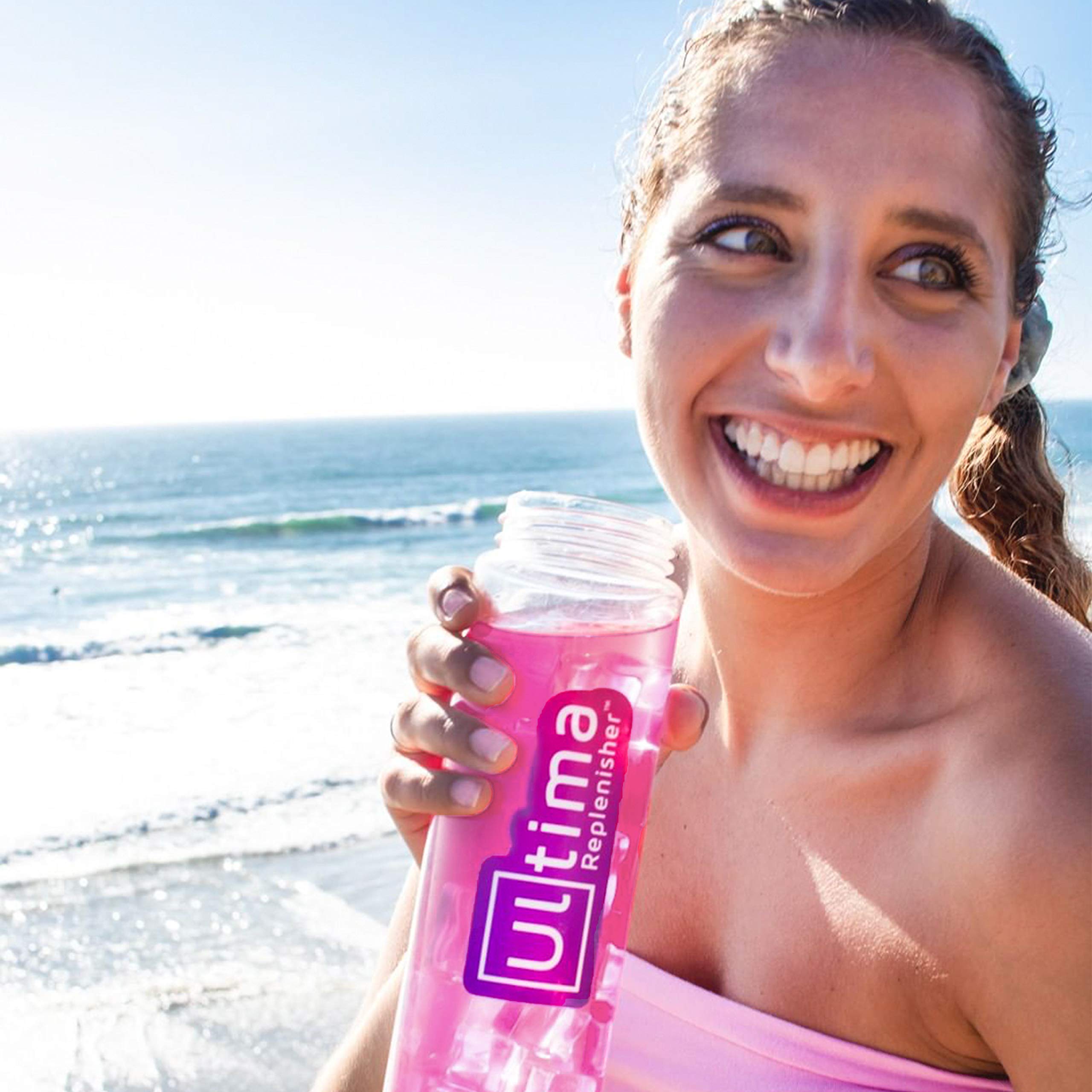 Ultima Replenisher on-the-go box showing 20 servings for travel and workouts.