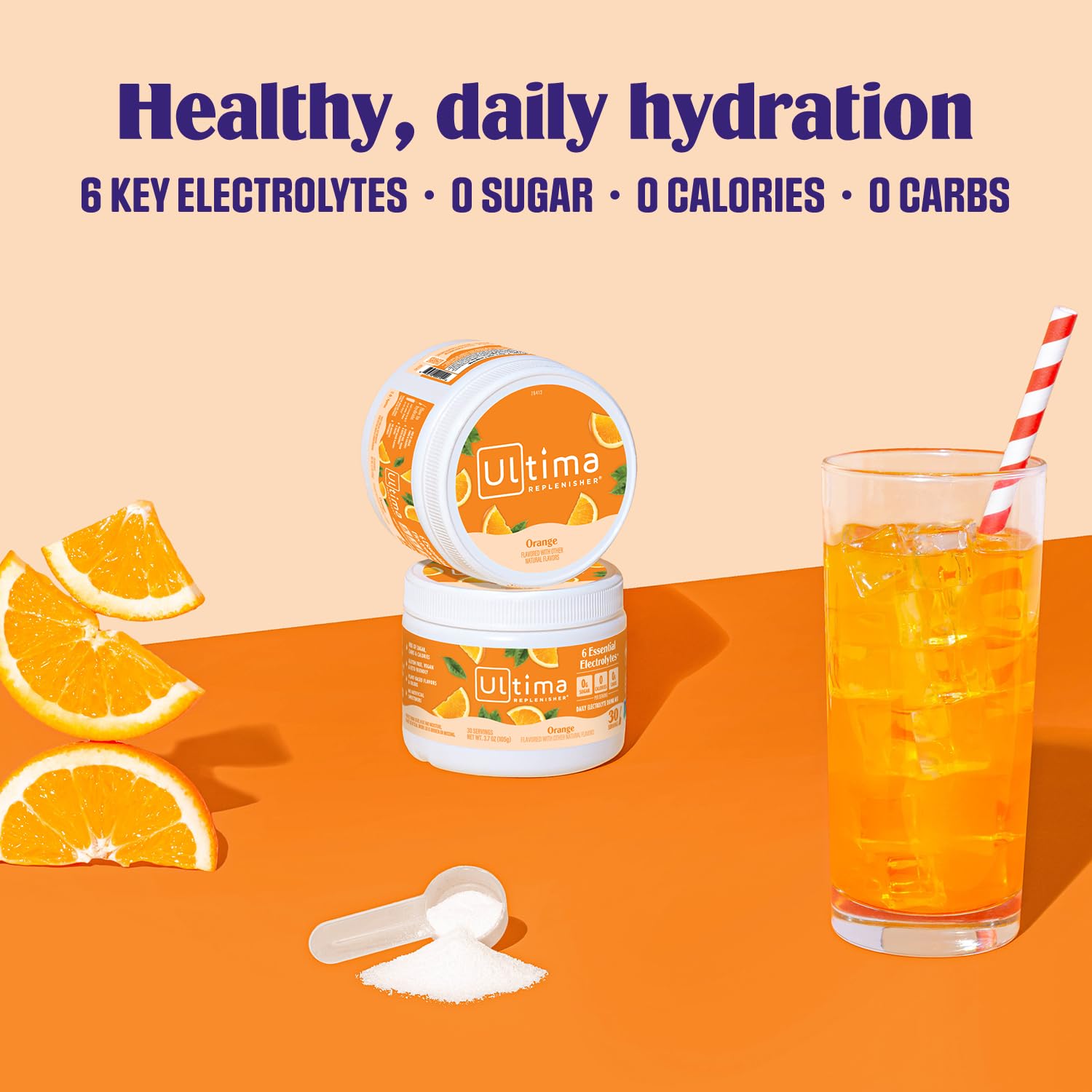 Ultima Replenisher orange flavor with organic stevia sweetness.