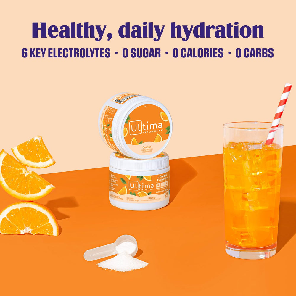 Ultima Replenisher orange flavor with organic stevia sweetness.