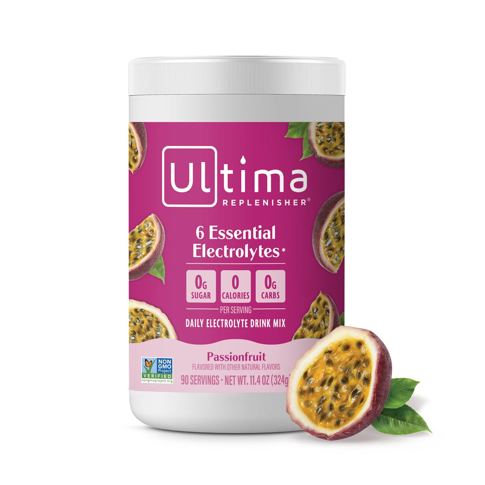 Ultima Replenisher passionfruit electrolyte powder canister for daily hydration on the go.