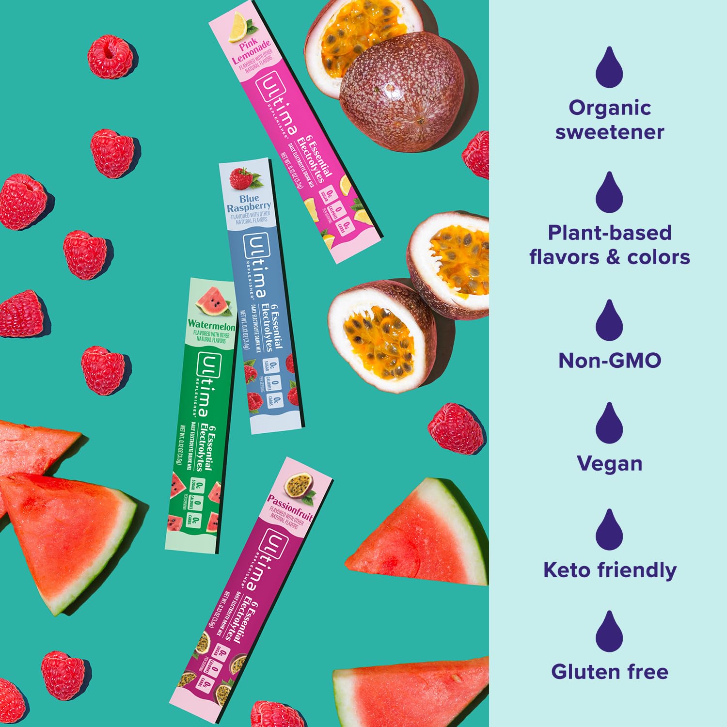 Ultima Replenisher passionfruit packet adds zesty, sugar-free hydration for activity.