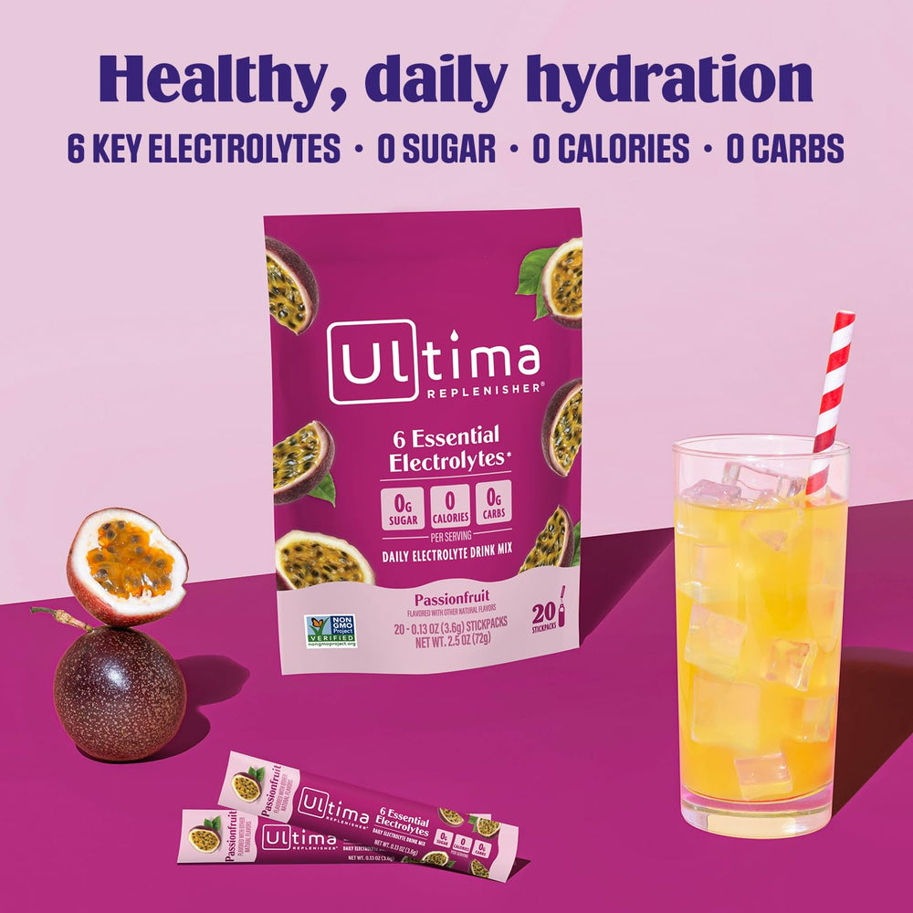Packaging of Ultima Replenisher Passionfruit highlights six electrolytes and vitamin C.