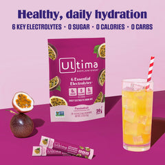 Packaging of Ultima Replenisher Passionfruit highlights six electrolytes and vitamin C.