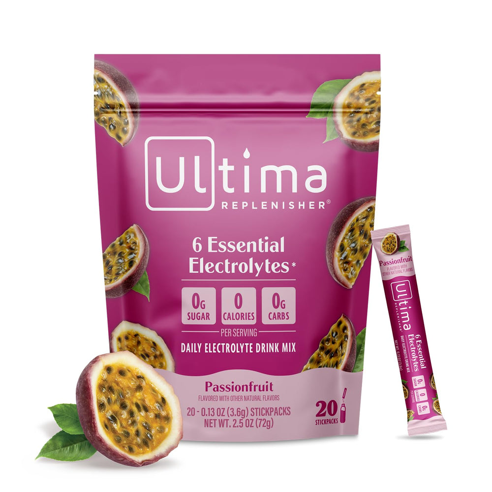 Ultima Replenisher Passionfruit stickpack dissolves quickly for on-the-go hydration.