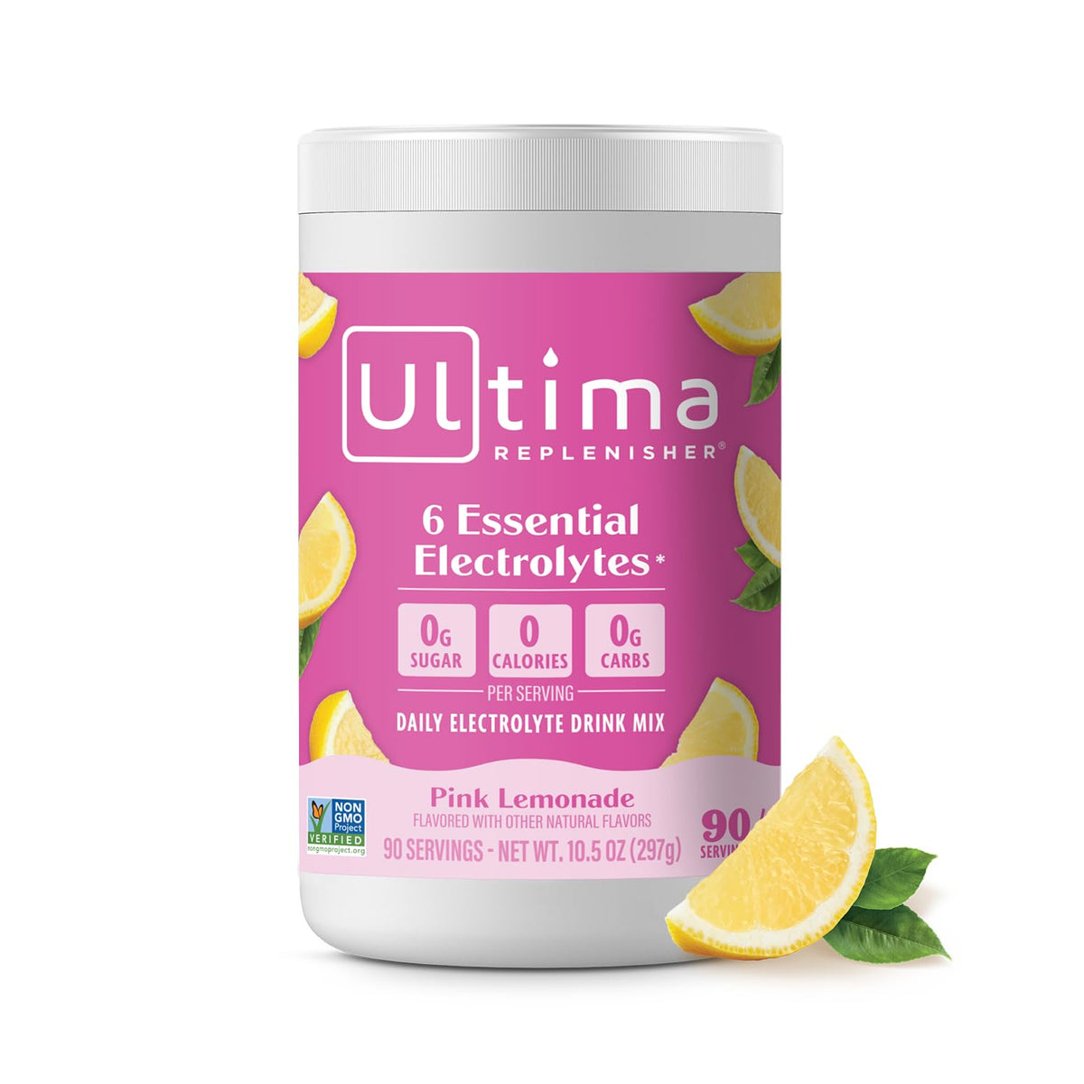 Ultima Replenisher pink lemonade canister for daily hydration, zero sugar.