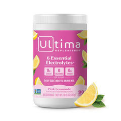 Ultima Replenisher pink lemonade canister for daily hydration, zero sugar.
