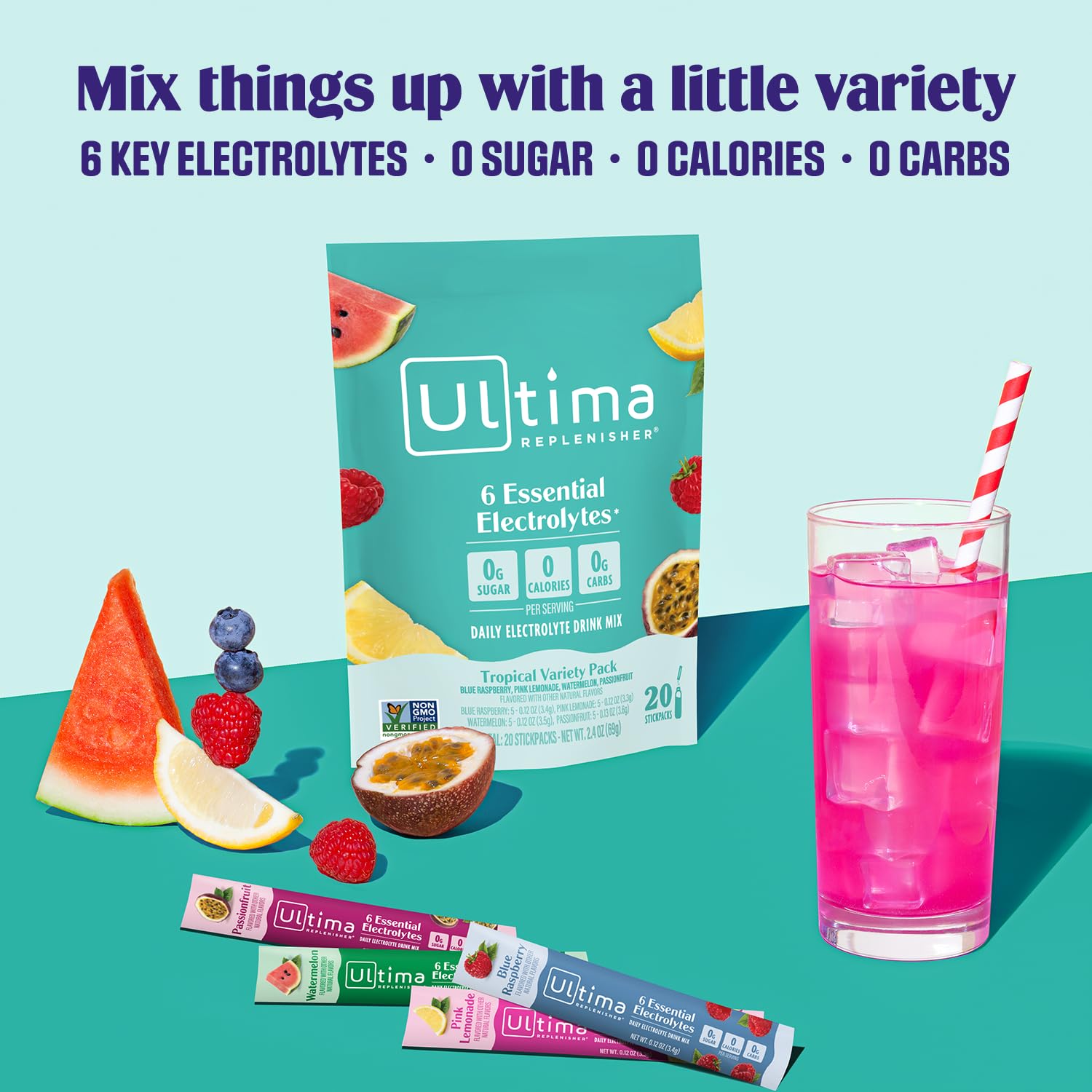 Ultima Replenisher pink lemonade packet delivering refreshing, zero-calorie hydration.