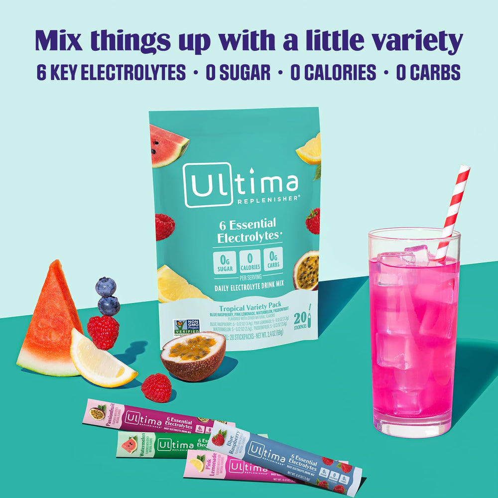 Ultima Replenisher pink lemonade packet delivering refreshing, zero-calorie hydration.