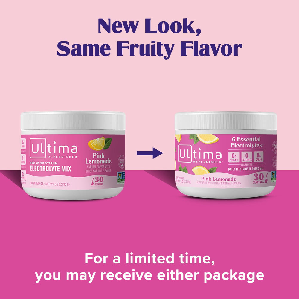 Fresh pink lemonade hydration in a glass using Ultima Replenisher.