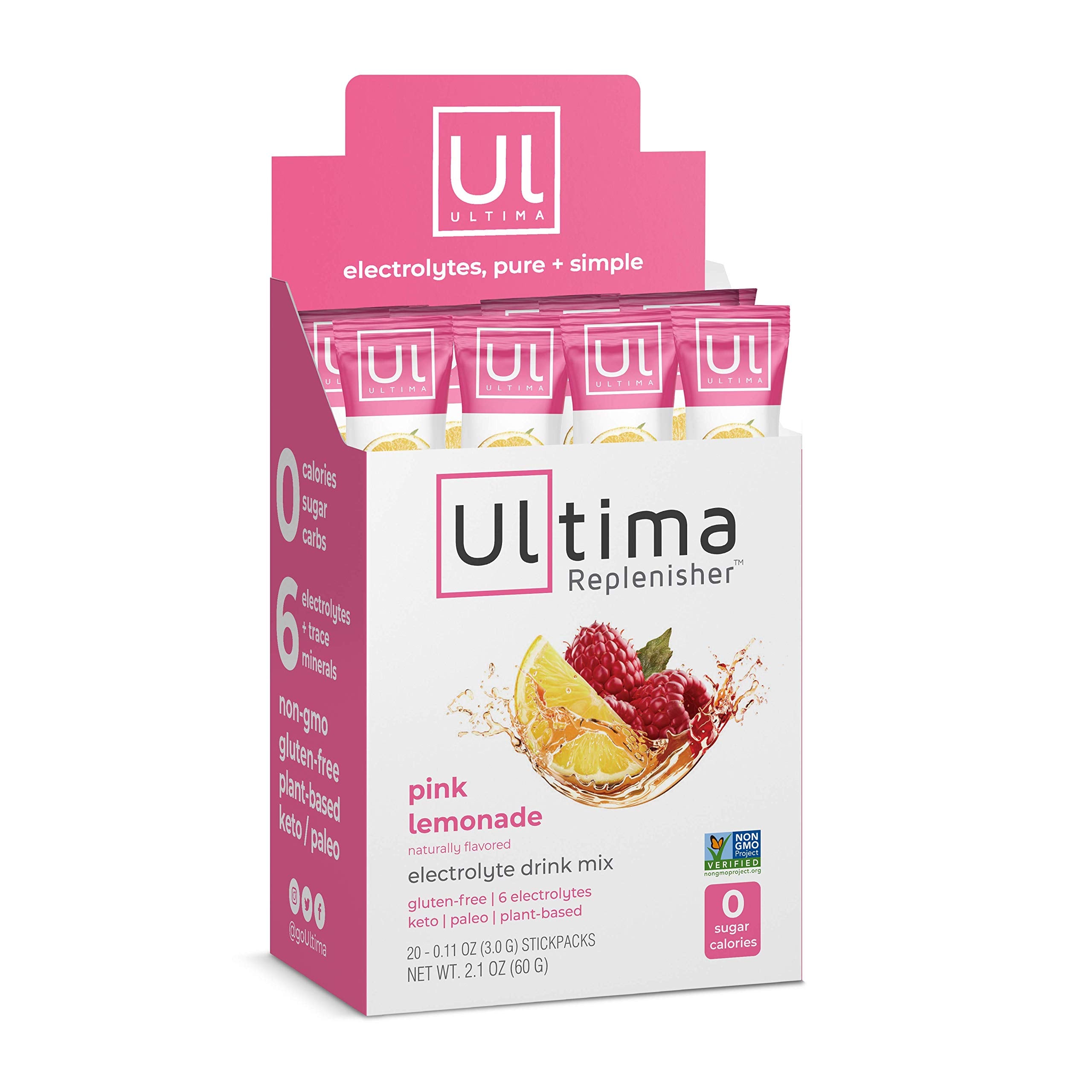 Ultima Replenisher pink lemonade stickpack for on-the-go hydration with zero sugar.