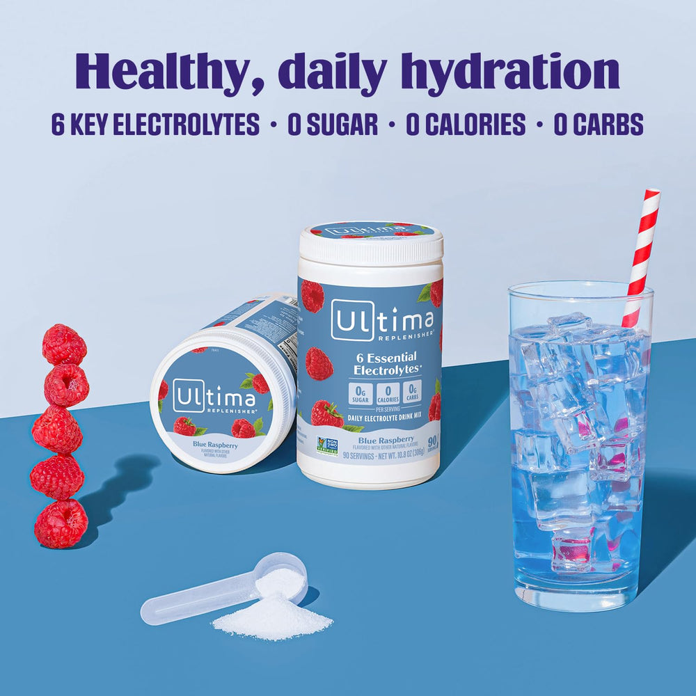 Pouring Ultima Replenisher into a water bottle for on-the-go hydration.