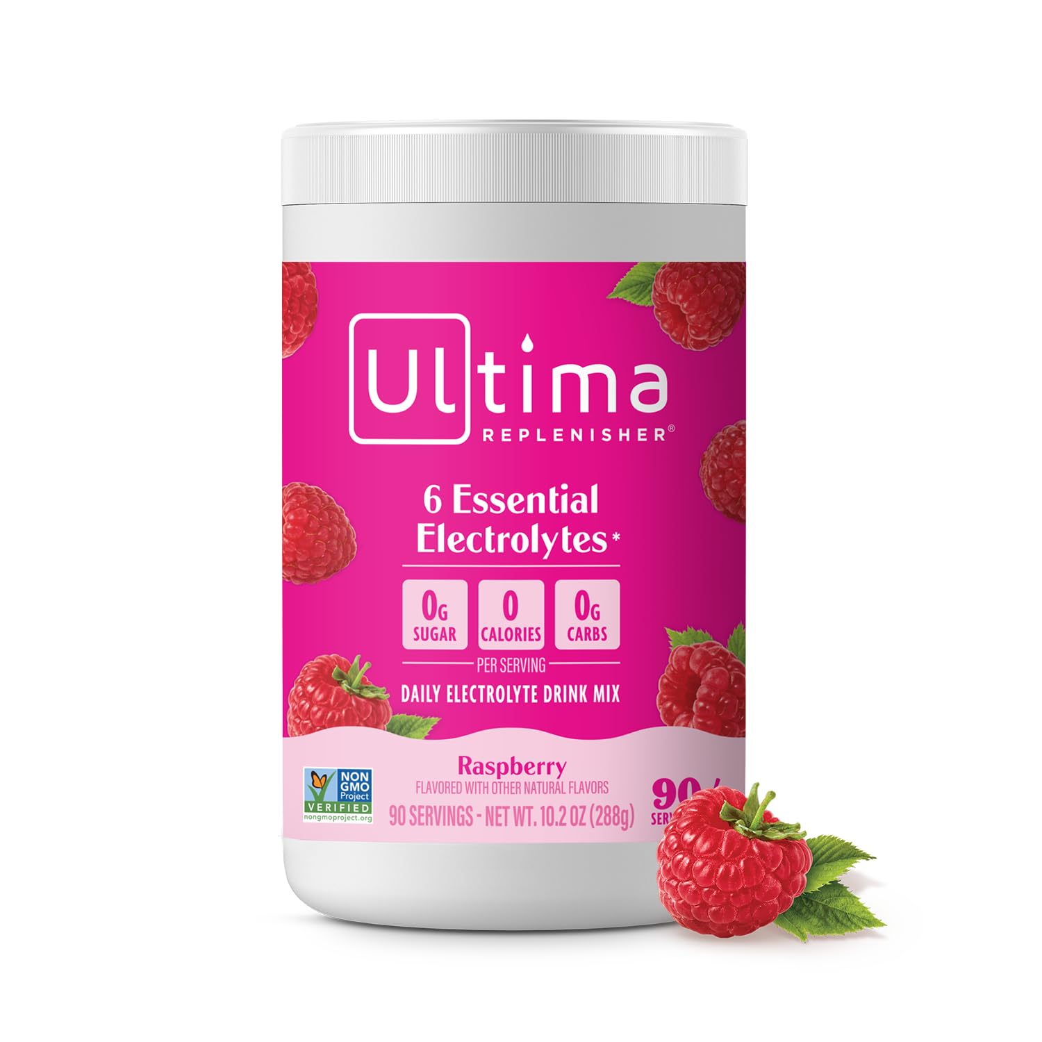 Ultima Replenisher raspberry powder canister for daily hydration without sugar.