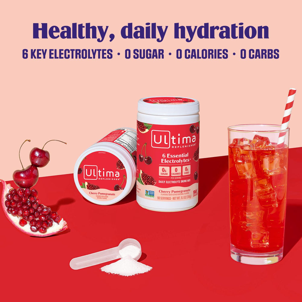 Ultima Replenisher scoop dissolving in water for quick mix and sip.