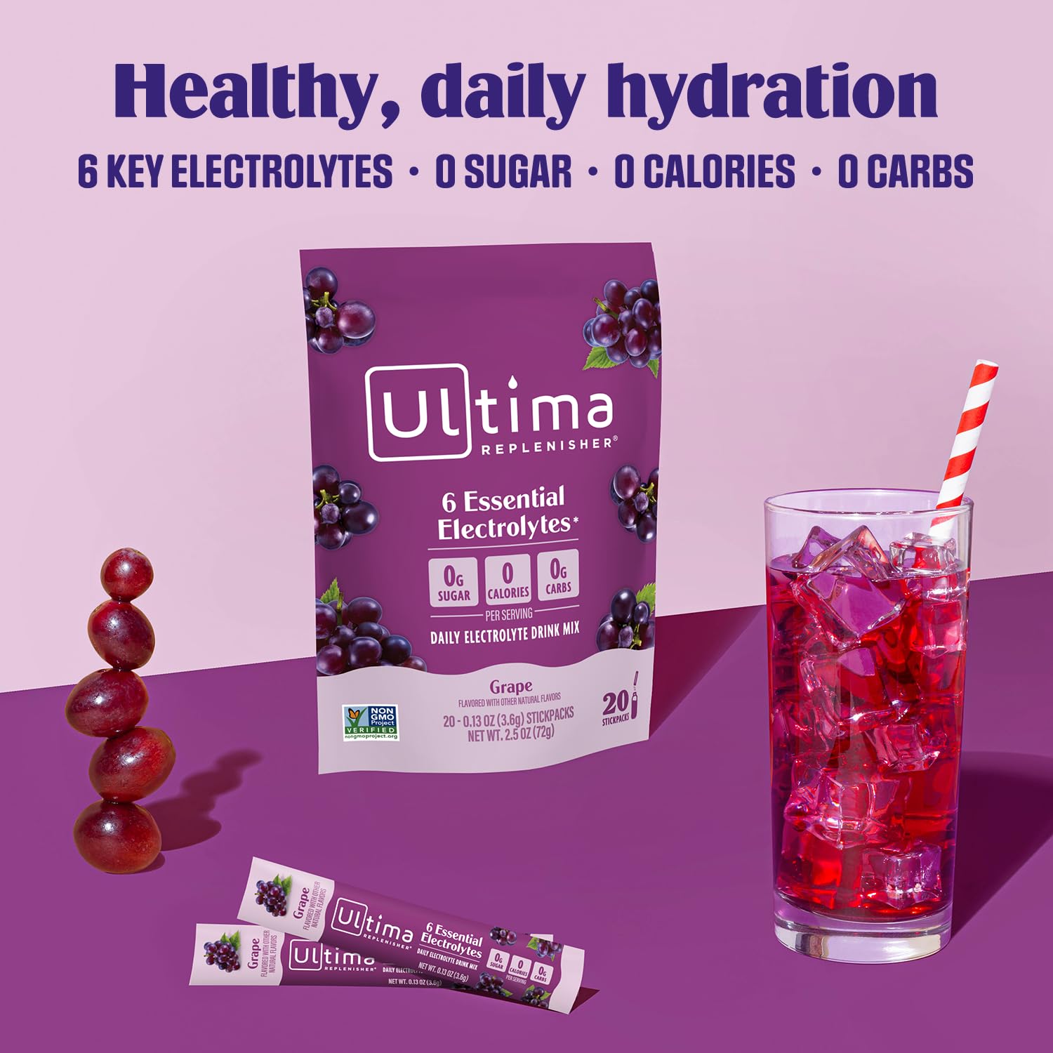Ultima Replenisher stickpack dissolving in water to create a refreshing electrolyte drink