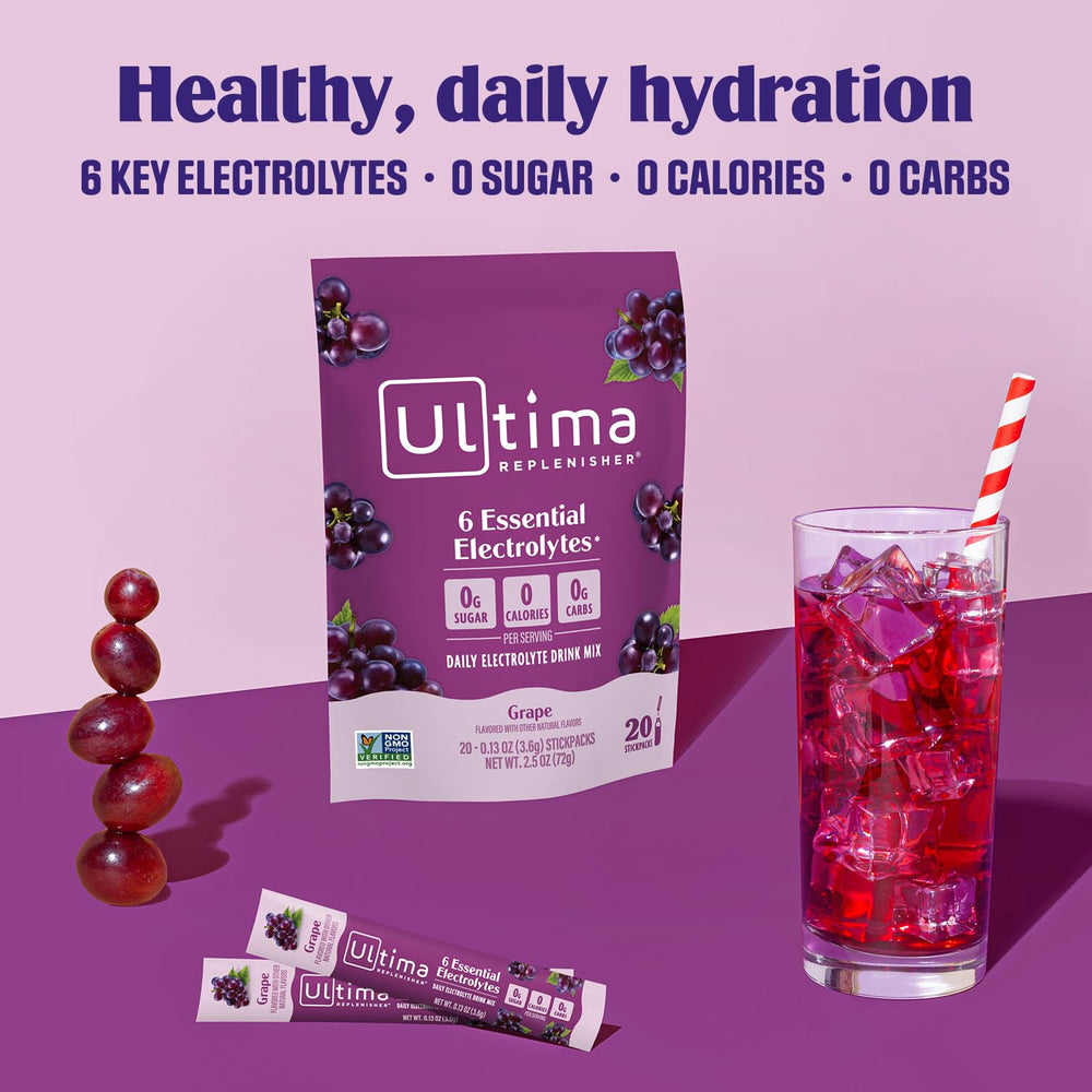 Ultima Replenisher stickpack dissolving in water to create a refreshing electrolyte drink