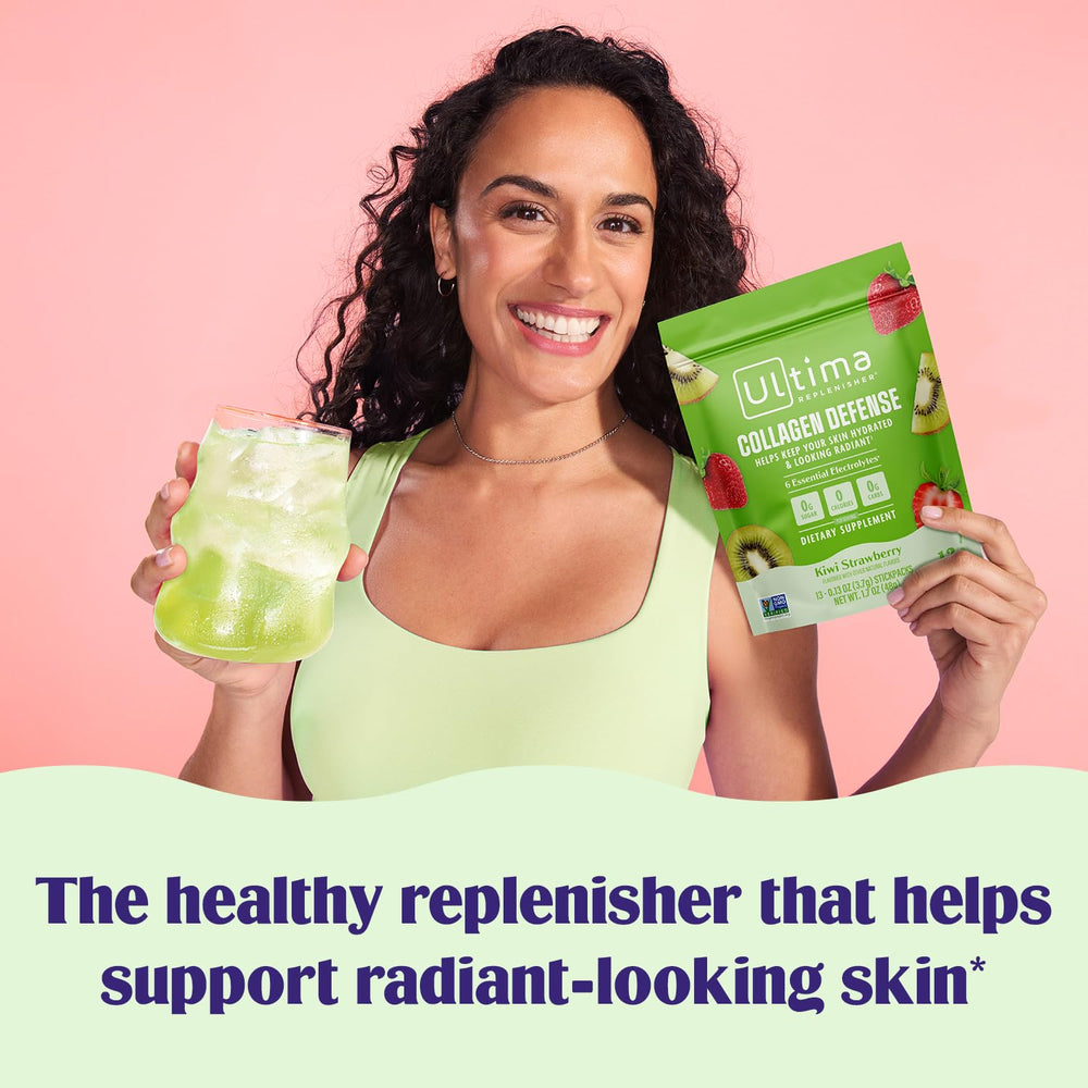 Ultima Replenisher dissolving stickpack in a glass of water for quick, sugar-free hydration.