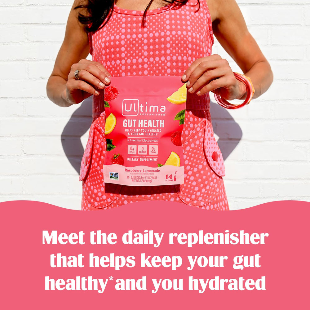 Ultima Replenisher dissolving stickpack in water delivering electrolytes and prebiotic fiber.
