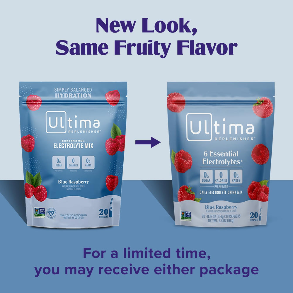 Ultima Replenisher stickpack being poured into water for quick refreshment.