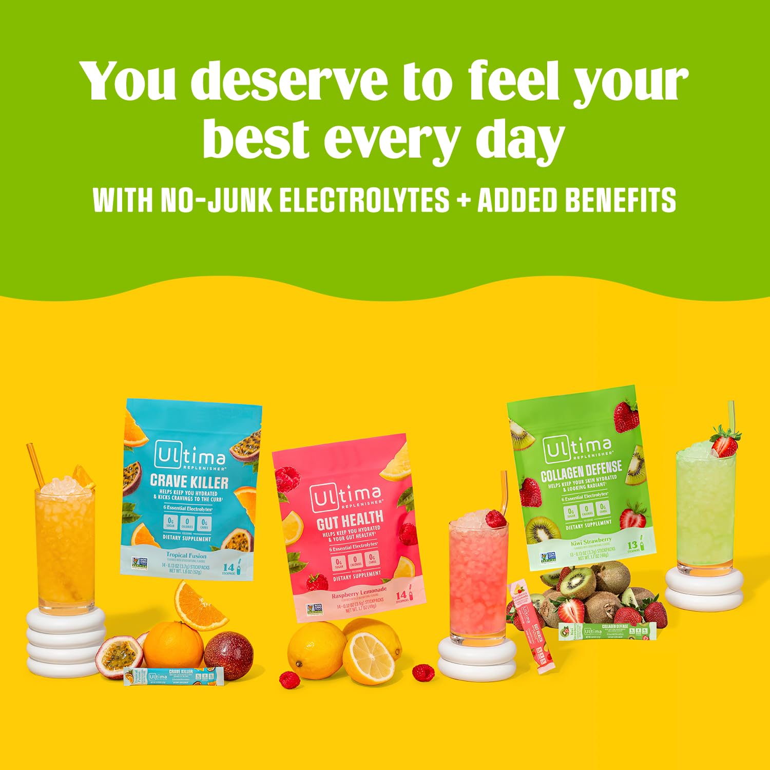 Ultima Replenisher sugar-free, calorie-free, vegan formula ideal for clean hydration.