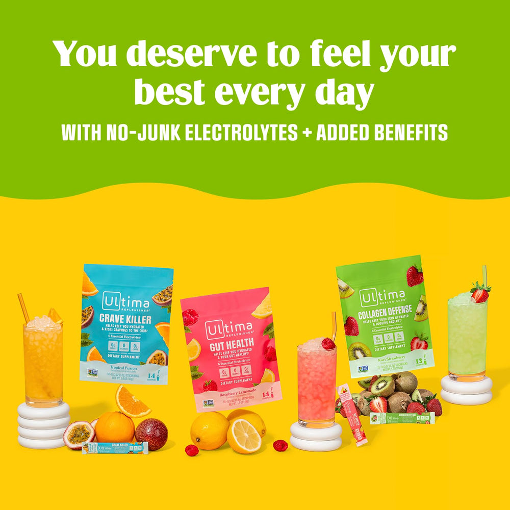 Ultima Replenisher sugar-free, calorie-free, vegan formula ideal for clean hydration.