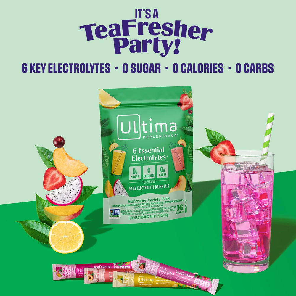 Close-up of TeaFresher packets highlighting sugar-free electrolytes.